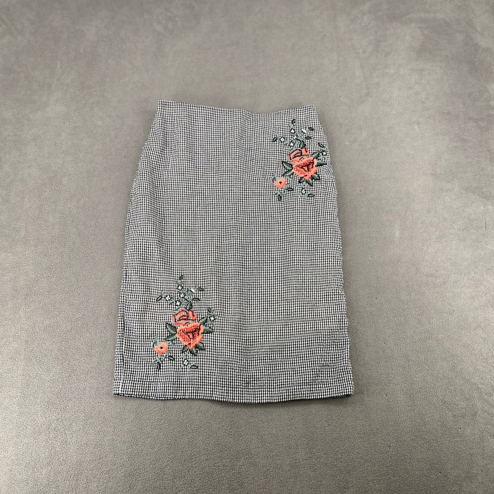 Downeast Gingham Floral Embroidered Pencil Skirt Black White Small